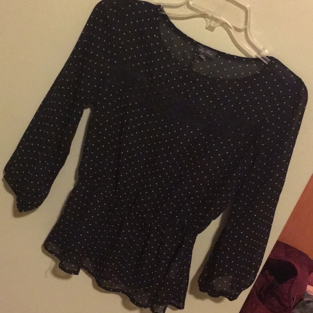 Sheer black blouse with polka dots
